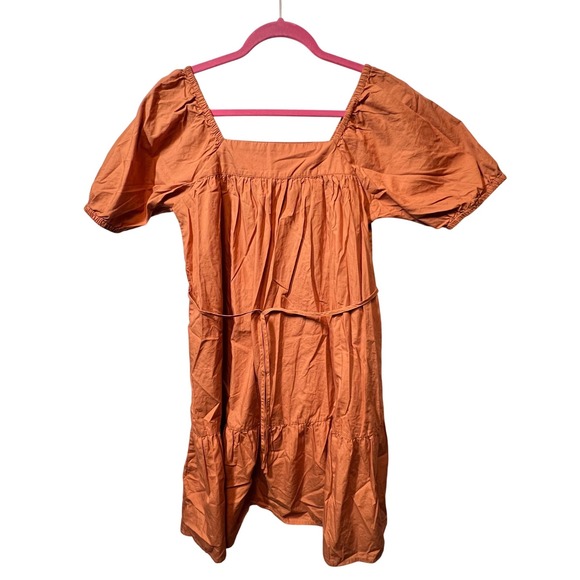 MNG Dresses & Skirts - MNG Orange Cotton Square Neck Puff Sleeve Tiered Mini‎ Dress Size 4